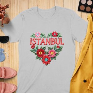 Istanbul City Heart With Flowers Artistic Design T-Shirts