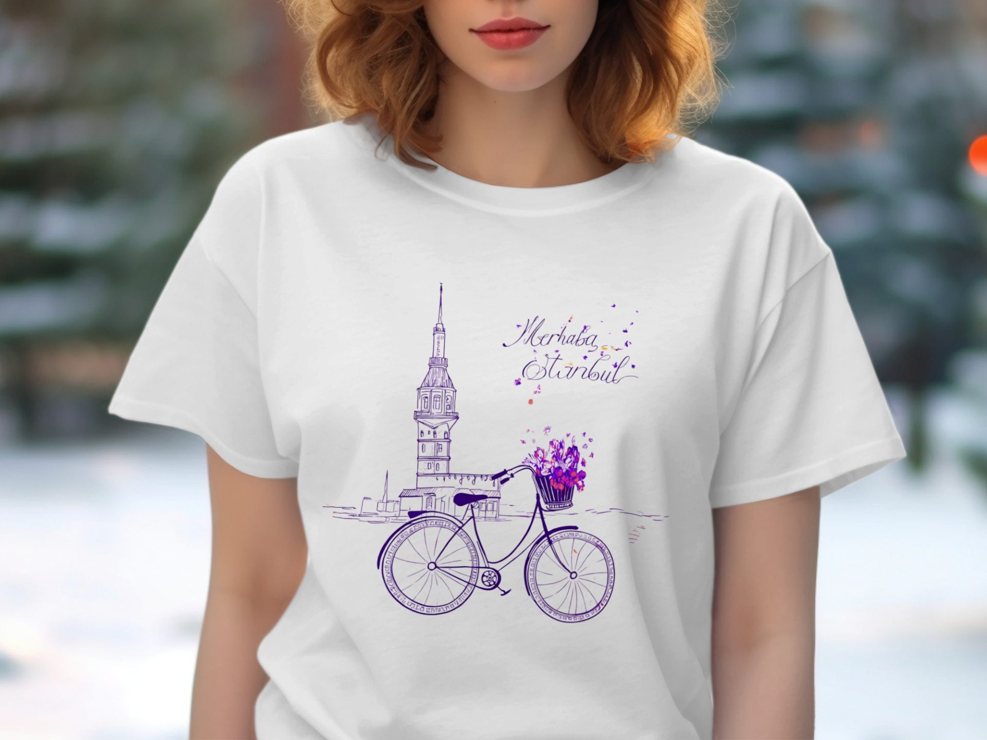 Merhaba Istanbul Tower with Bicycle Flowers Scene T-Shirts