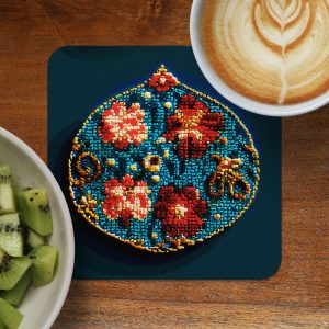 Floral Patterned Blue and Red Round Design Premium Coasters