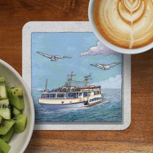 Ship Birds Above Ocean Drawing Aesthetic Fun Art Coasters