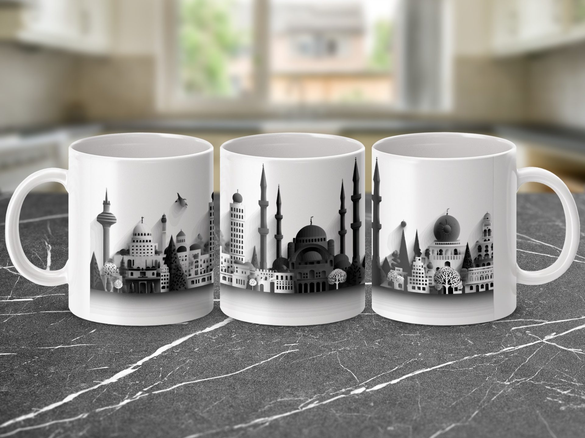 A Cityscape Black And White Illustration Design Mugs - Image 2