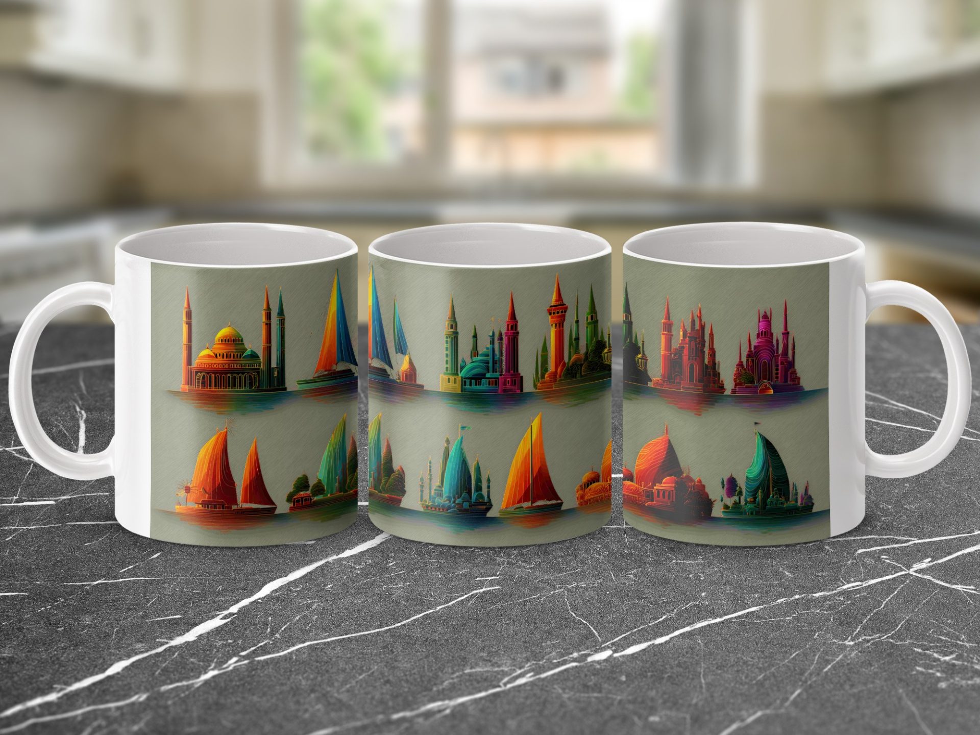 A Vivid Panorama with Boats and Buildings Pattern Mugs - Image 2