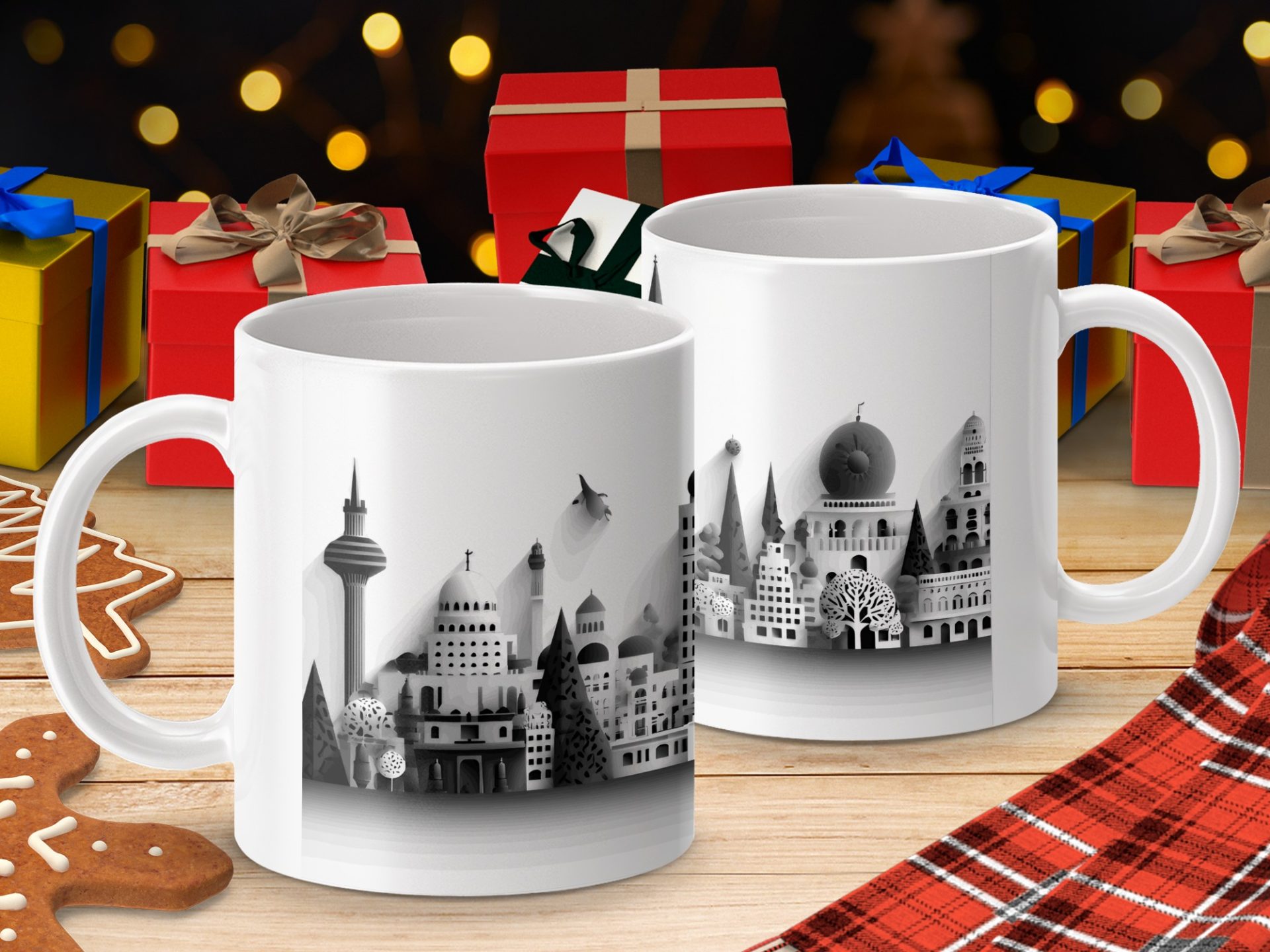 A Cityscape Black And White Illustration Design Mugs - Image 4