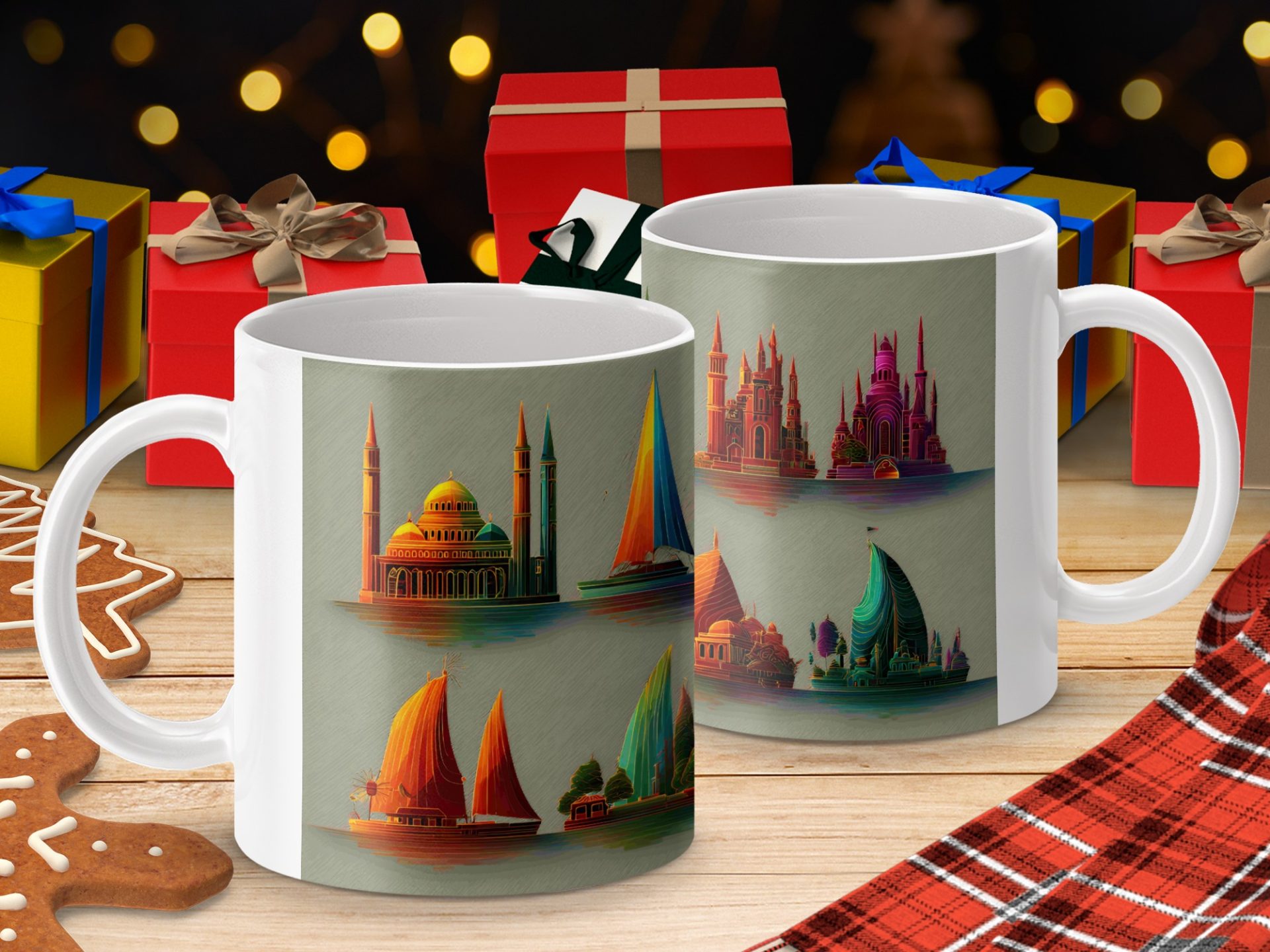 A Vivid Panorama with Boats and Buildings Pattern Mugs - Image 4