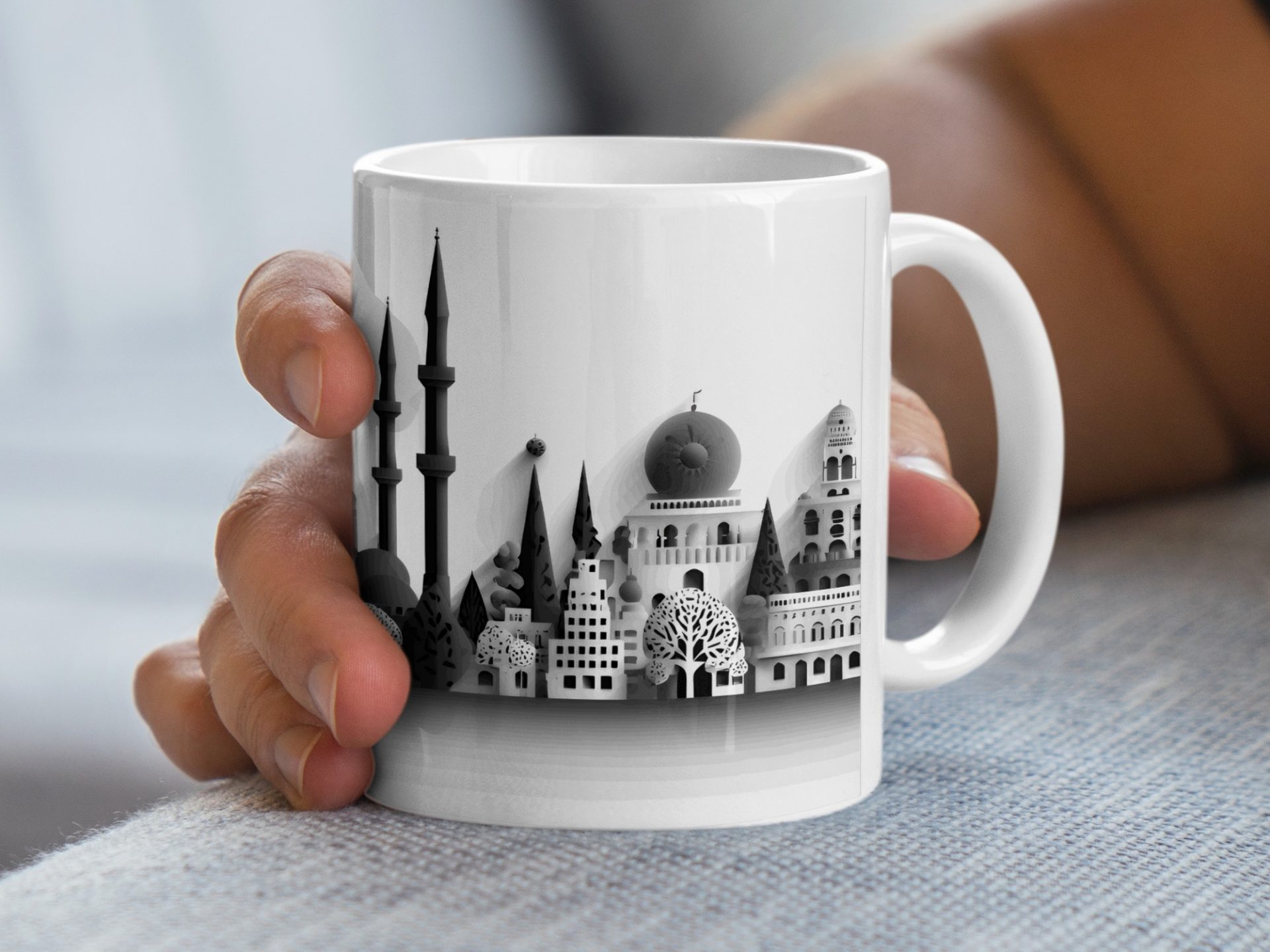 A Cityscape Black And White Illustration Design Mugs - Image 3