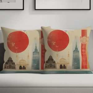 Oriental Landscape with Flowers Art on Premium Pillows & Pillow Cases