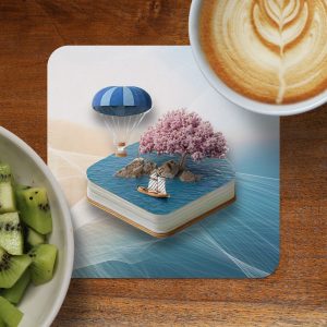 Book With Island Tree and Hot Air Balloon Design Coasters