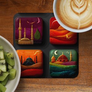 Mosque Artistic Depictions a Set of Square Shaped Coasters