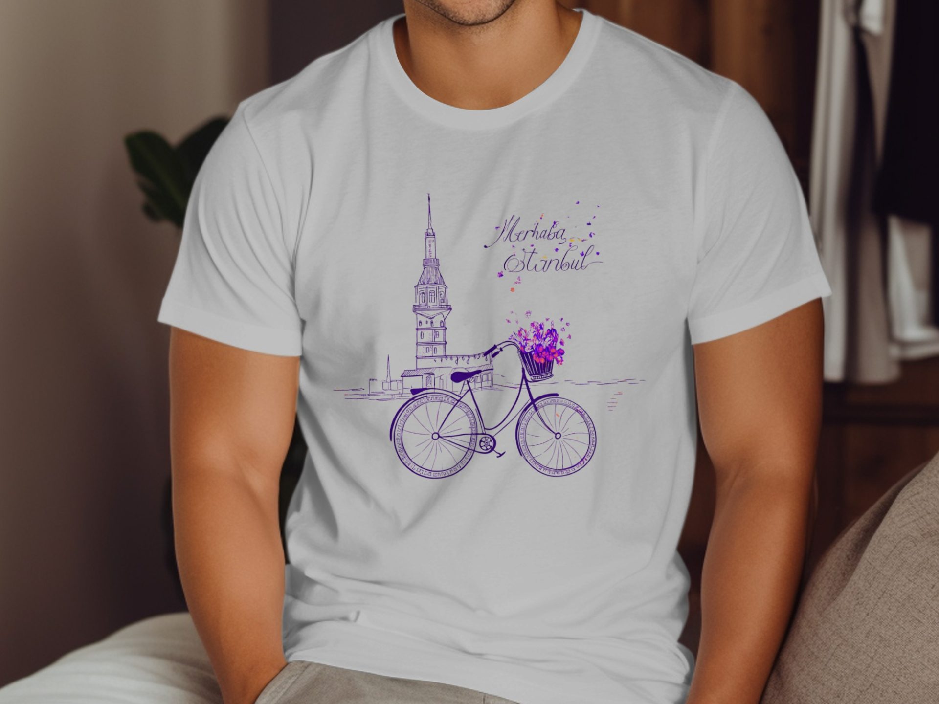Merhaba Istanbul Tower with Bicycle Flowers Scene T-Shirts - Image 3