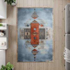 Abstract Geometric Form In Blue And Red Tones Area Rugs