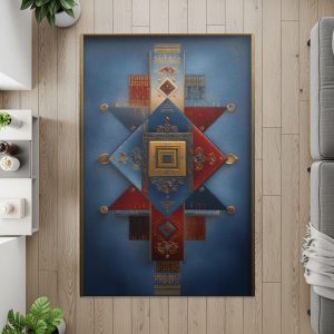 Geometric Shapes in Blue Red Gold Pattern Art Deco Rugs