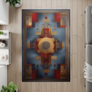 Intricate Ancient Pattern Blue Red Golden Accent Rugs
