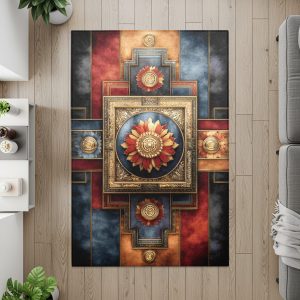 Abstract Art Deco Style Flowers Golden Frame Design Rugs