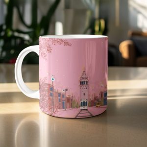 Cartoon Tower With Pink Flowers In Cityscape Style Mugs