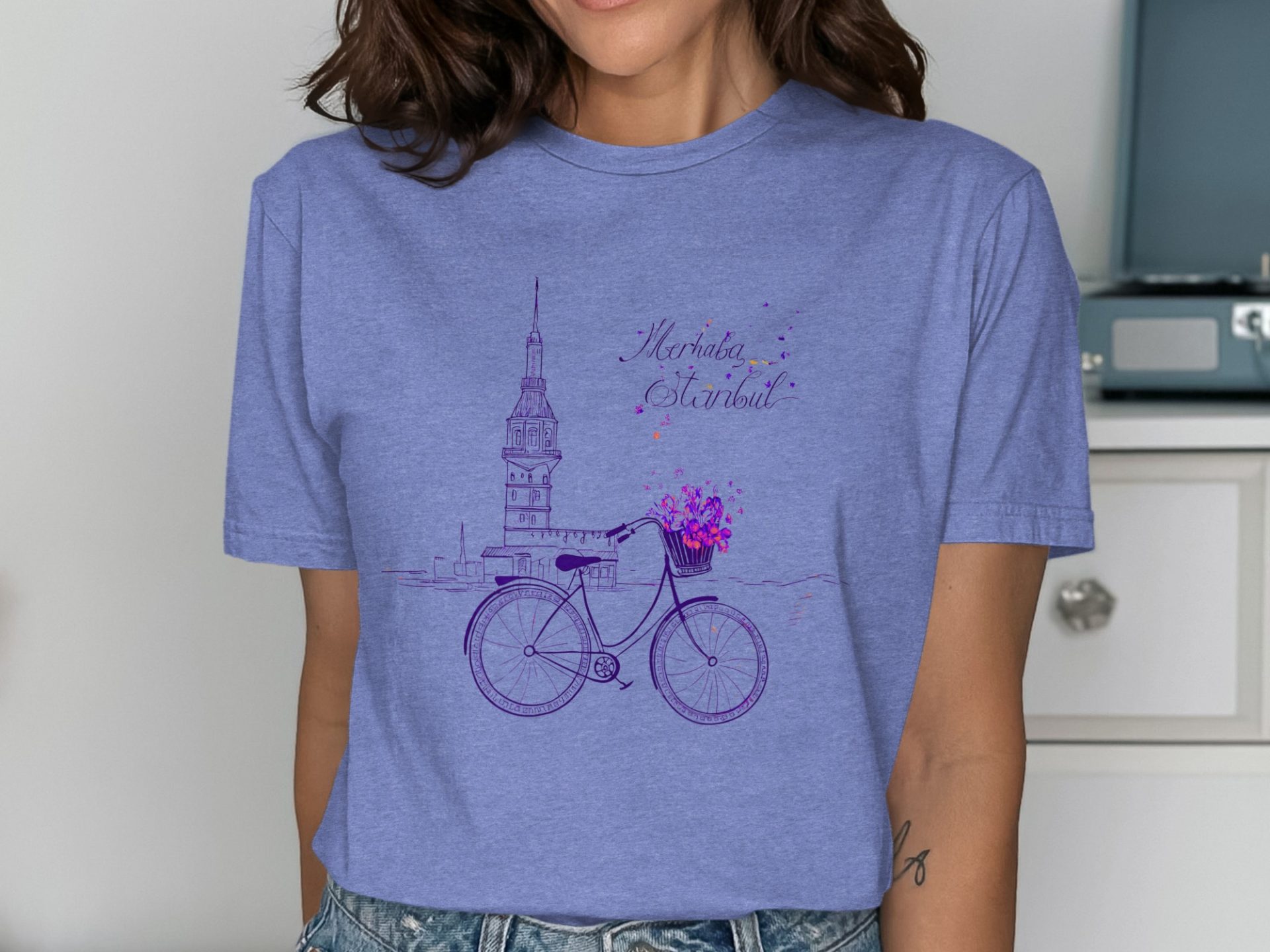 Merhaba Istanbul Tower with Bicycle Flowers Scene T-Shirts - Image 4