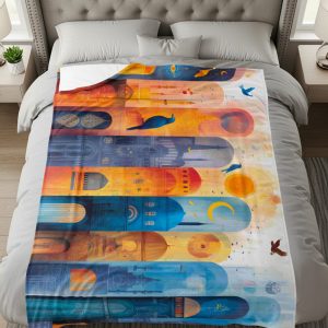 Birds Above Architecture Blue And Gold Dream Blankets