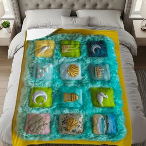 Artistic Yellow And Teal Decorative Embellished Squares Blankets