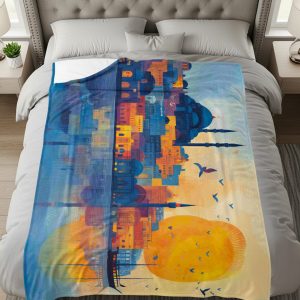 Artistic Istanbul Skyline with Birds Illustration Blankets