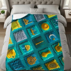 Turquoise Background with Detailed Artistic Motifs Blankets