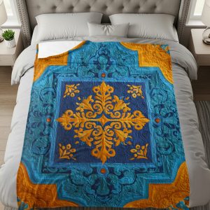 Ornate Floral Designs Center on Blue and Gold Blankets