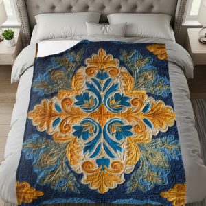 Golden Blue Floral Pattern Artistic Textured Blankets