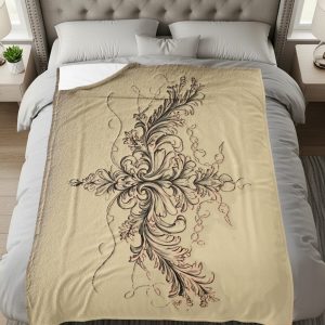 Floral Ornament Design in Beige Quilted Background Blankets