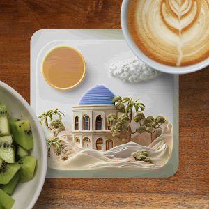 Desert Building With Blue Dome Under Sun And Cloud Coasters