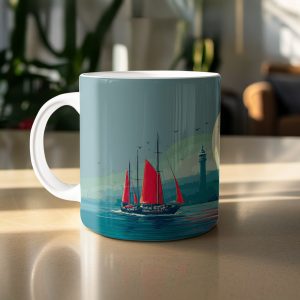 Istanbul City with Sailboat and Red Moon Art Mugs