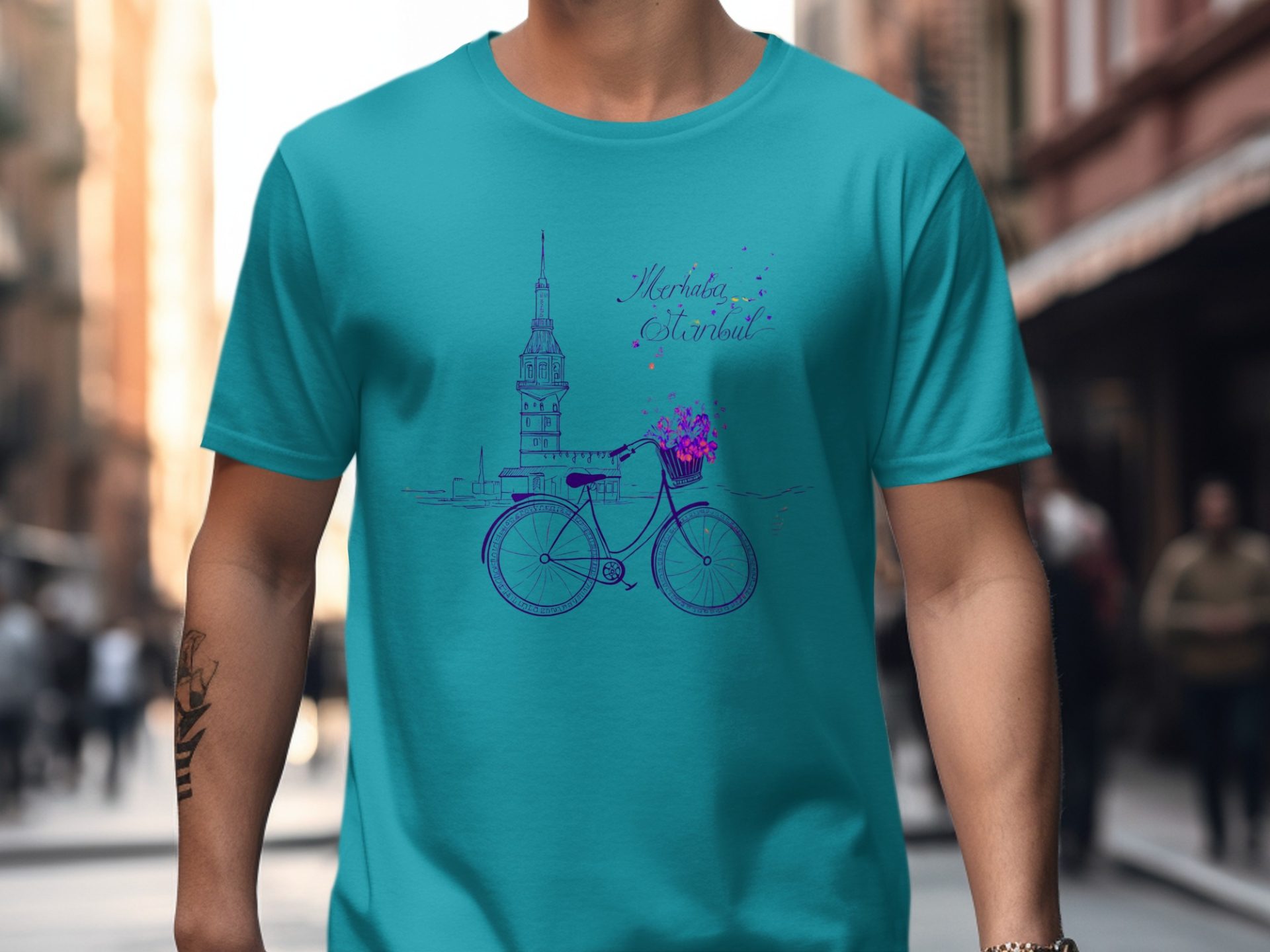 Merhaba Istanbul Tower with Bicycle Flowers Scene T-Shirts - Image 5