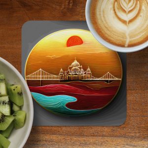 Sunrise Over the City and Bridge Art Style Round Coasters