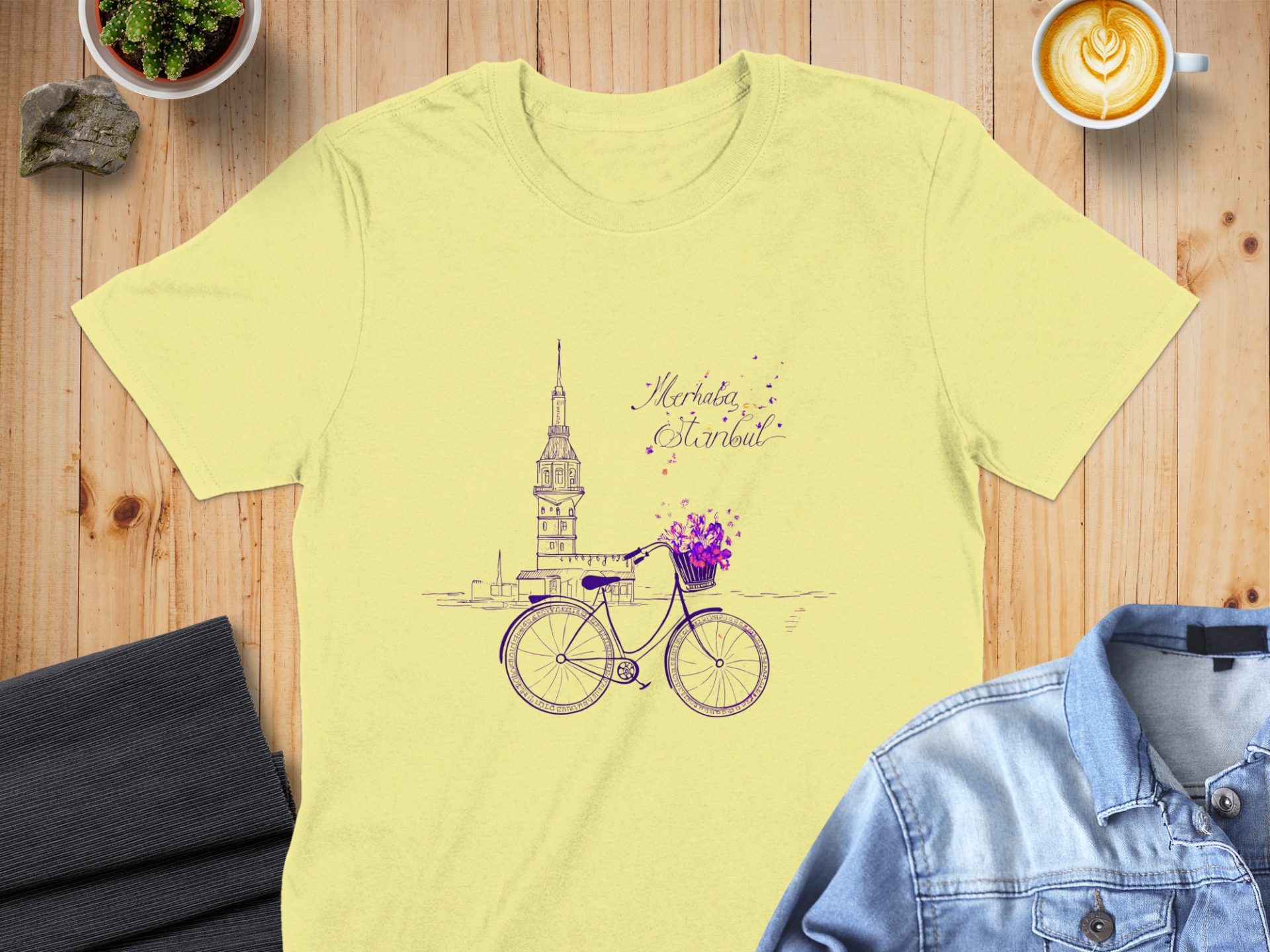 Merhaba Istanbul Tower with Bicycle Flowers Scene T-Shirts - Image 2