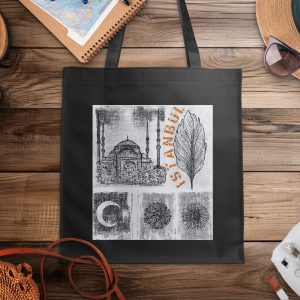 Istanbul Mosque Leaf and Flowers Graphic Design Tote Bags