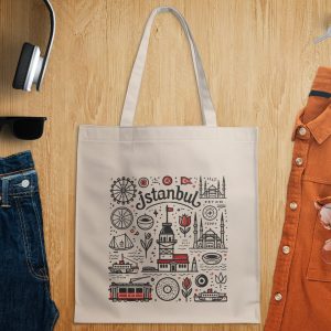 Istanbul Landmarks With Flags Towers Tulips Sketch Tote Bags