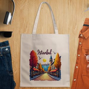 Illustrated Istanbul Scene in Autumn Season Tote Bags