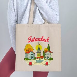 Colorful Istanbul Cityscape Landmark Sun Over City Tote Bags