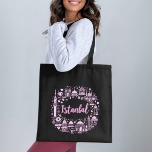 Istanbul Landmarks in Pink and White Print Trendy Tote Bags