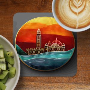 Sunset Cityscape Golden Outline Artistic Style Circle Coasters