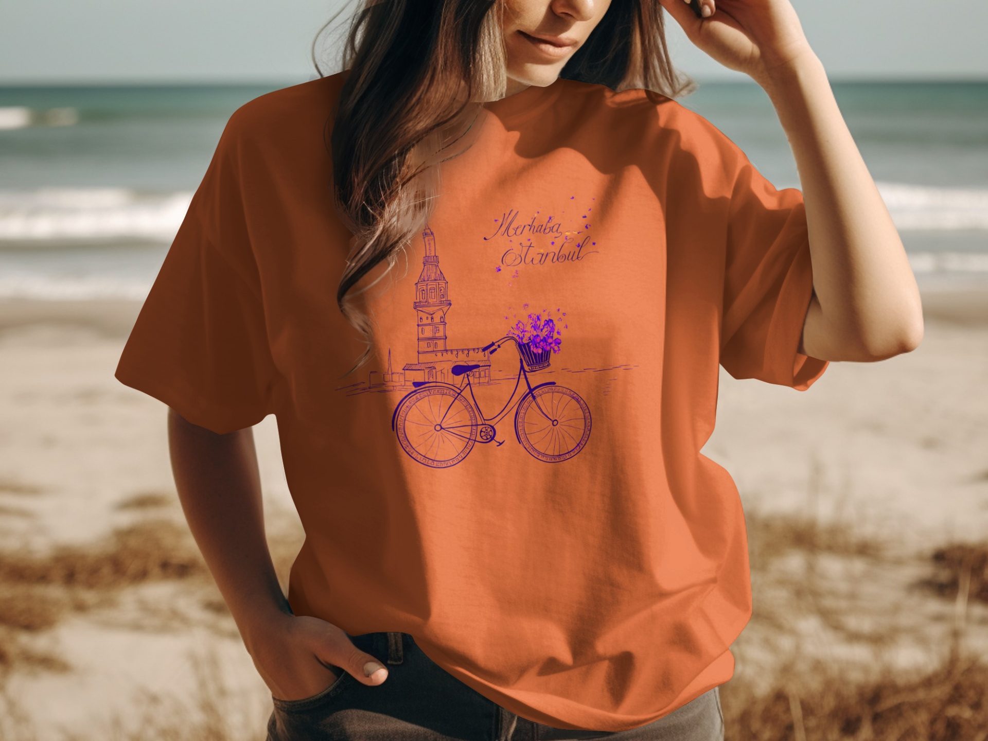 Merhaba Istanbul Tower with Bicycle Flowers Scene T-Shirts - Image 6