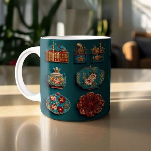 Intricate Beaded Cultural Icons on a Teal Backdrop Mugs