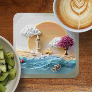 Coastal Town With Trees and Clouds Artistic Design Coasters