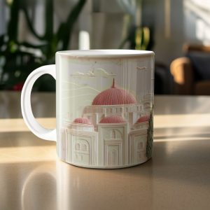 Artistic Cityscape with Sailboat Detailed Design Mugs