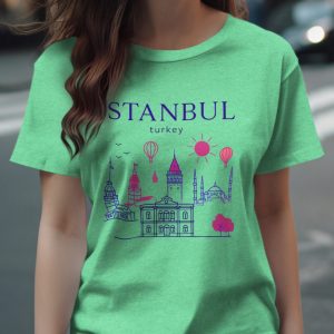 Istanbul Turkey Skyline with Hot Air Balloons Line Art T-Shirts