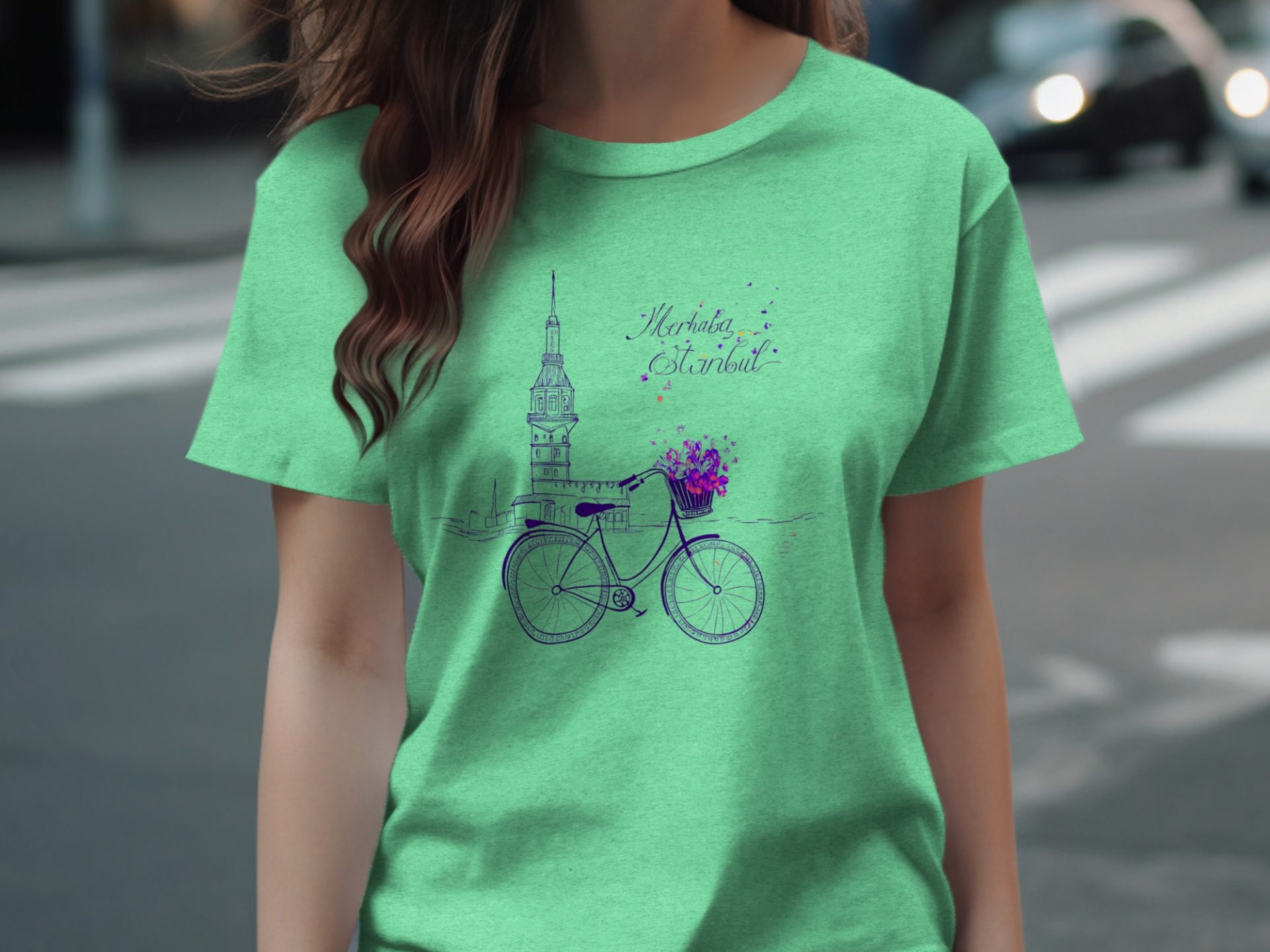 Merhaba Istanbul Tower with Bicycle Flowers Scene T-Shirts - Image 8