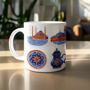 Blue Orange Ornamental Art on Tableware Themed Designs Mugs