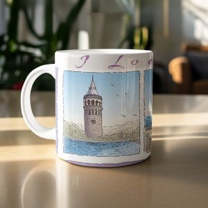 I Love Istanbul Tower and Trains Illustration Photo Mugs