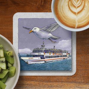 Boat Ride Seagull Ferry Artistic Illustration Drinks Coasters