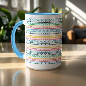 Colorful Geometric Shapes and Patterns on White Mugs