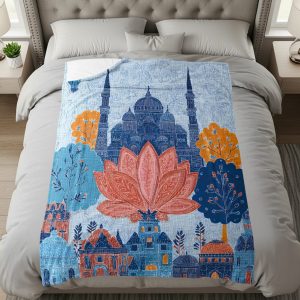 Blue Orange Floral Pattern Architectural Drawing Blankets