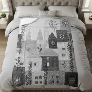 Gray Pattern of Houses Flowers and Towers Style Blankets