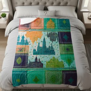 Vintage Style Patchwork with Buildings Design Throw Blankets